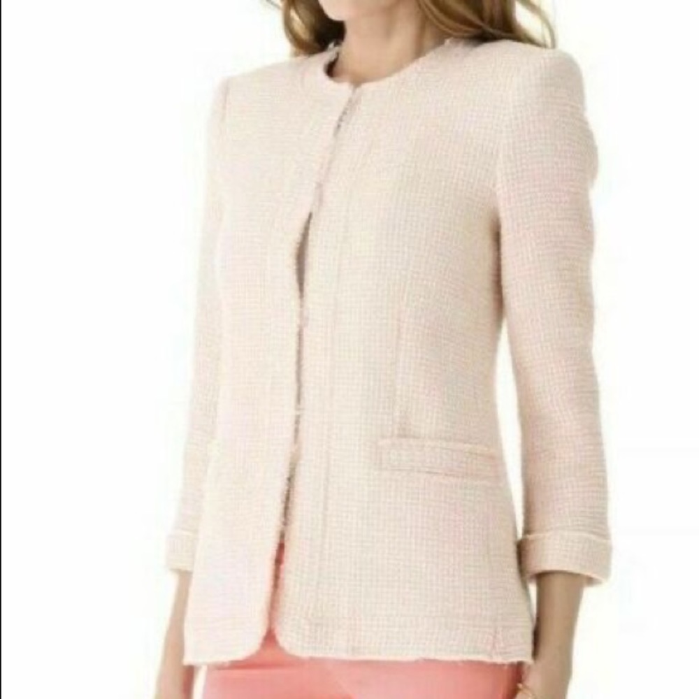 Alice + Olivia Tweed Box Jacket Blazer Pink Peach Fray Long Sleeve Slit Sz XS